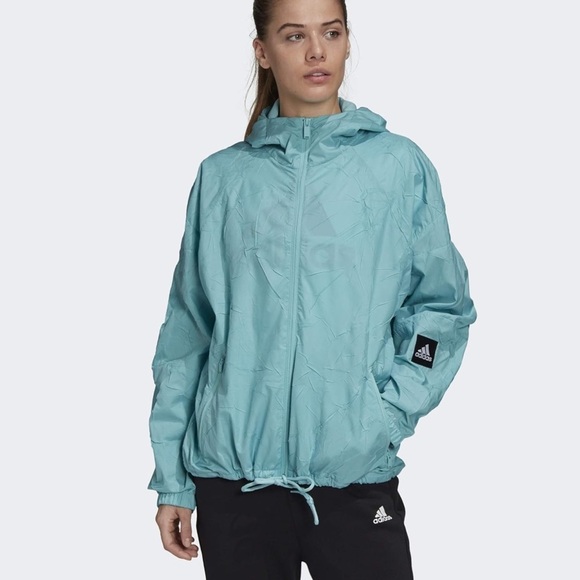 ADIDAS W.N.D. TURQUOISE BLUE WINDBREAKER WITH HOOD ZIPPER POCKETS SIZE MEDIUM - Picture 1 of 6
